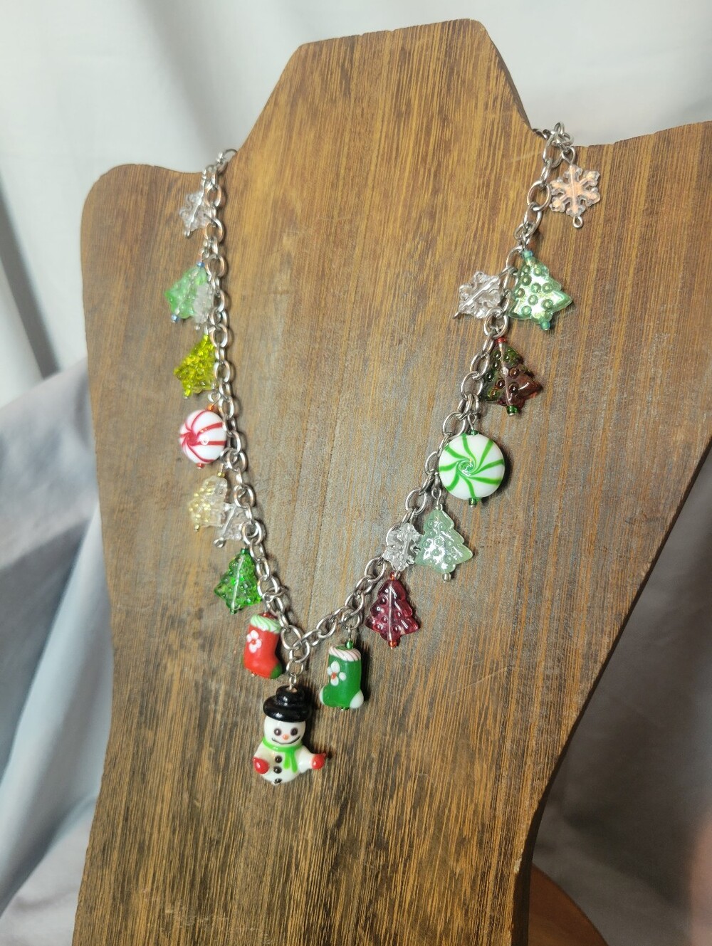One Of A Kind! Hand Crafted Green Red Winter Themed Christmas Charm Necklace